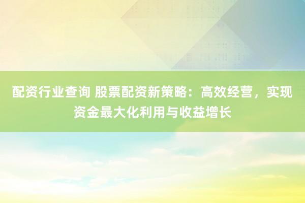 配资行业查询 股票配资新策略：高效经营，实现资金最大化利用与收益增长